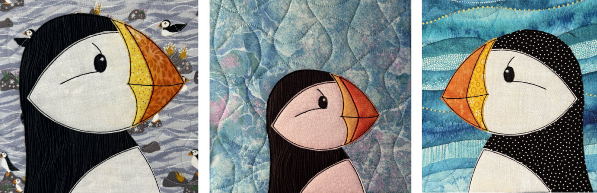Puffin raw edge applique design quilt in the hoop